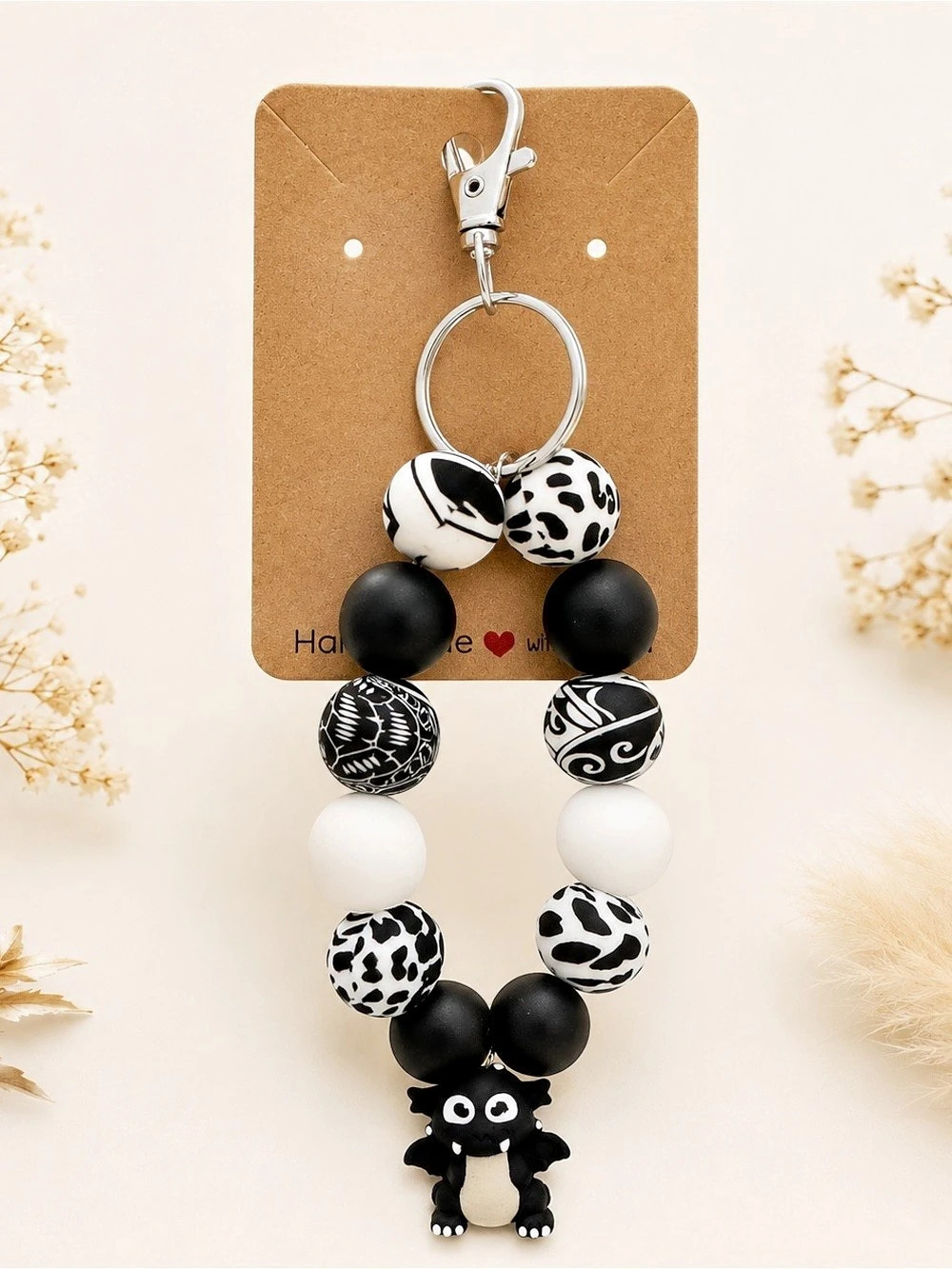 Black & White Beaded Keychain dragon